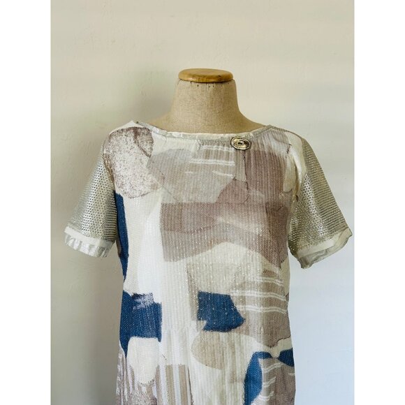 Elisa Cavaletti Women's Medium Italian Sequin Mesh Overlay Dress Beige/Blue - Picture 2 of 15